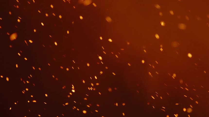 Close up of sparks from a campfire floating in the air at night