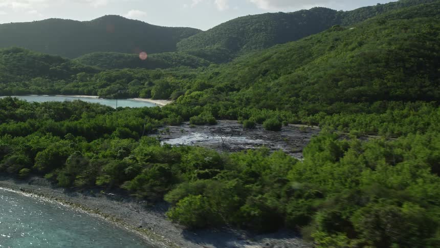 Aerial panorama of mountain ranges covered in vegetation on the edge of a turquoise beach