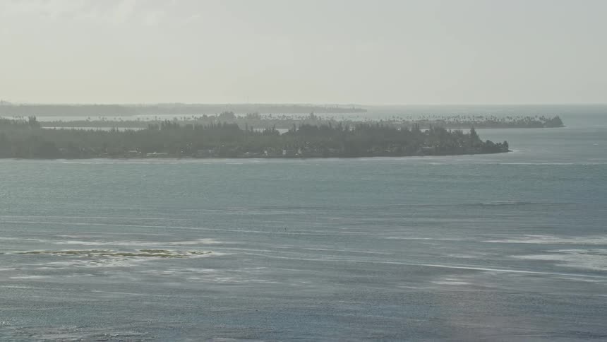 Aerial panorama of a blue sea with coastal vegetation in a city on the horizon