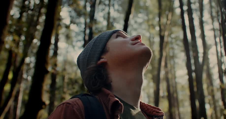 Portrait of a man looking up and enjoying the forest on a day
