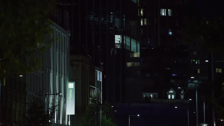 The downtown skyline of a metropolitan city at night