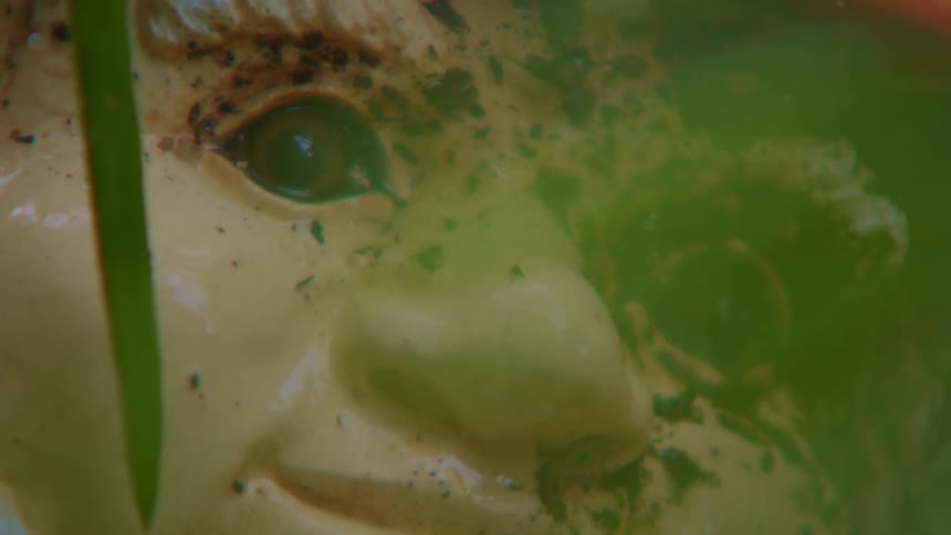 A face of a lawn ornament sits outside