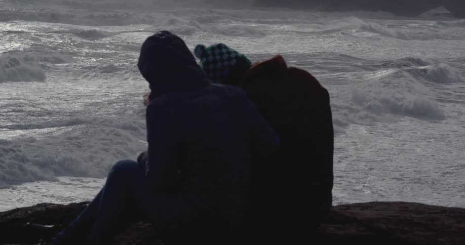 Two people sit together on the beach as a bird flies past