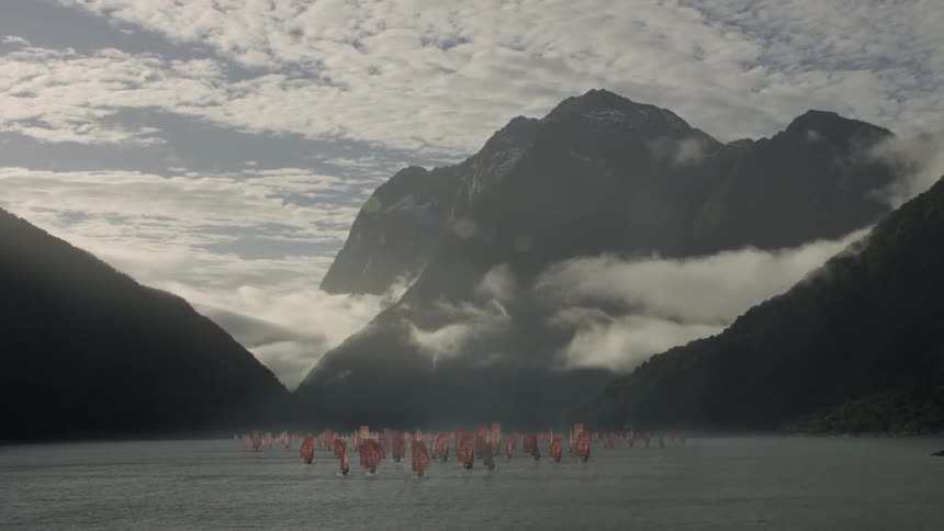 A flotilla of ships with red sails floats off a mountainous coastline