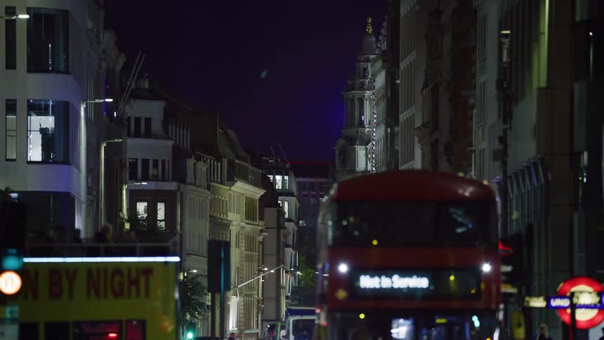 A bus moves through the city