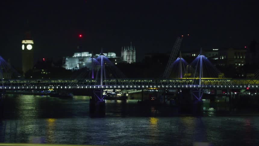 View of a metropolis at night by the sea with a suspension bridge