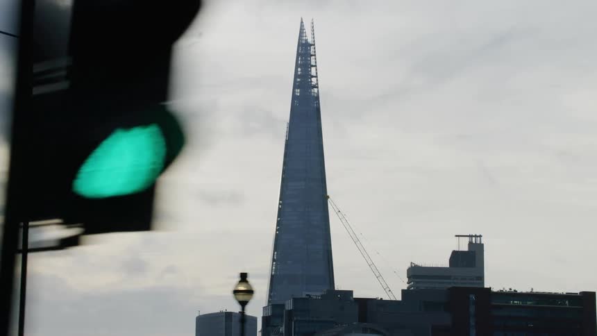 The shard building london england as seen from moving vehicle