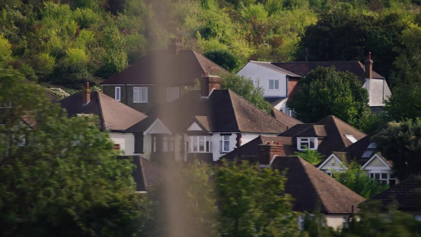 Houses with distinct architectural designs and dark roofs surrounded by trees and a green hill