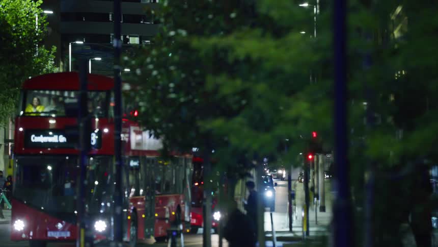 Red double decker bus drives through tree lined streets at night