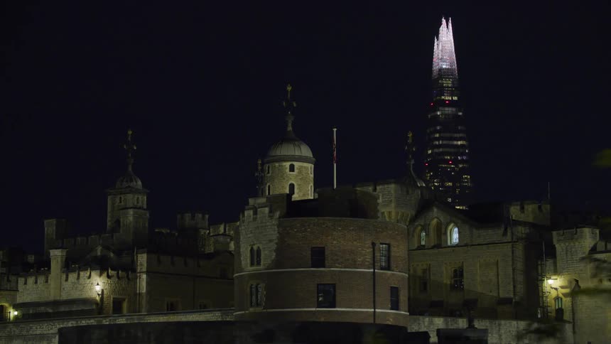 Skyline of a city with a castle and skyscrapers illuminated at night