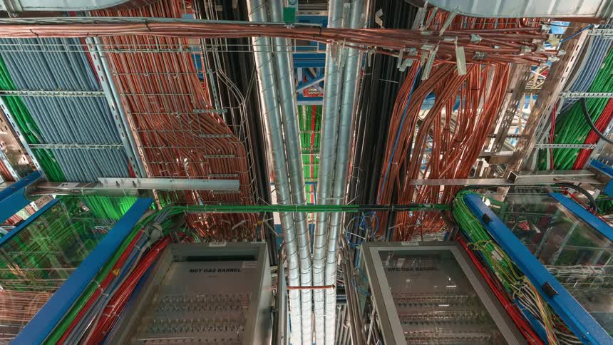 Interior of a space industry with cables and wires