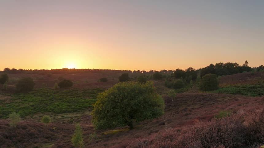 Timelapse with a view of hills and vegetation as the sun sets on the horizon