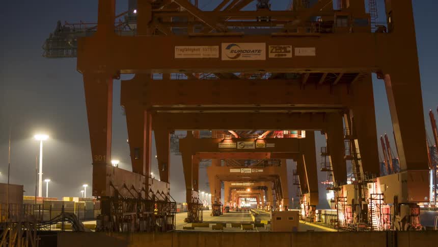 Timelapse of a platform at a container distribution center at night