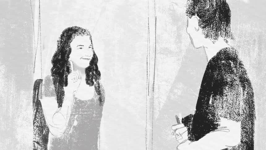 Drawn figures of man and woman interact with smiles in cartoon