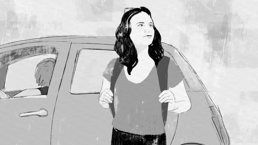 Black and white animation of a woman holding her backpack next to a car