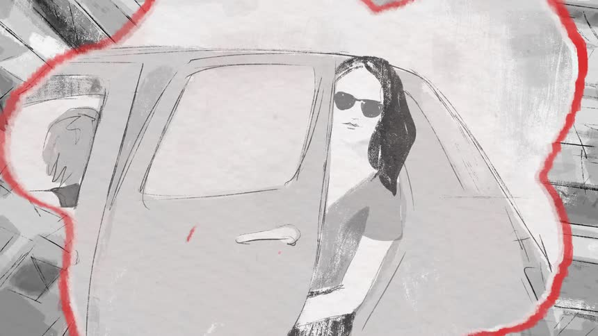 Frames of a black and white animation featuring a woman and an airplane