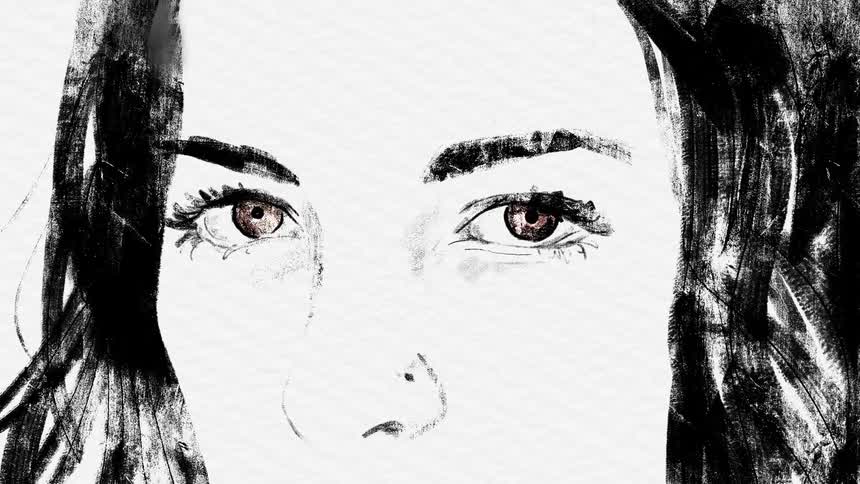 Abstract animated closeup drawing of woman staring then looking down