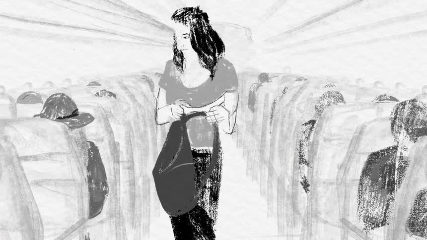 Drawing of a woman sitting inside public transportation with other people