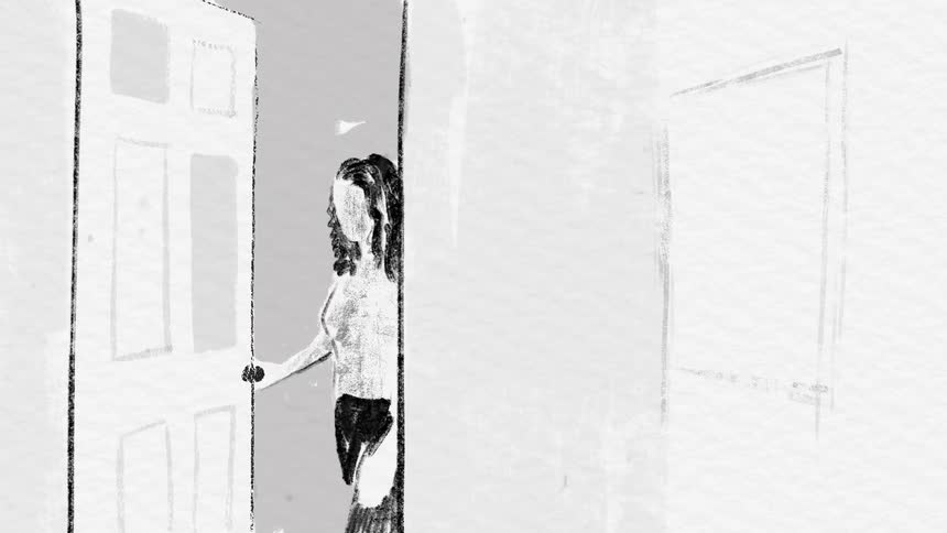 Roughly drawn female figure enters abstract room