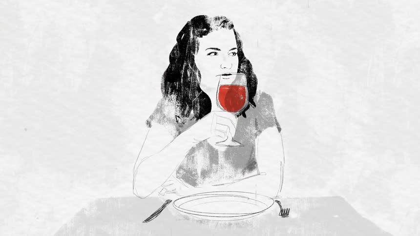 Animation of a woman sitting at a table sipping from a wine glass