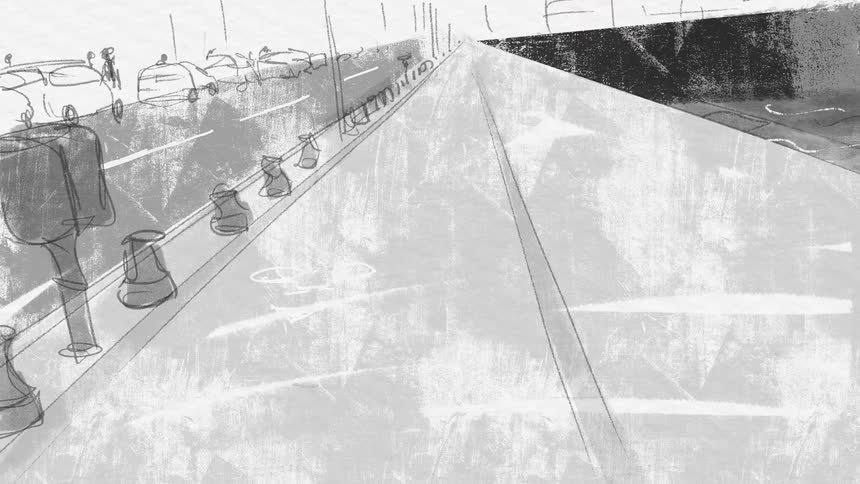 An animation of a train and a city