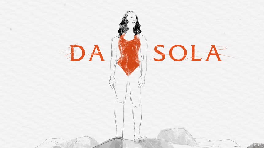 An illustrated woman in an orange bathing suit stands on land