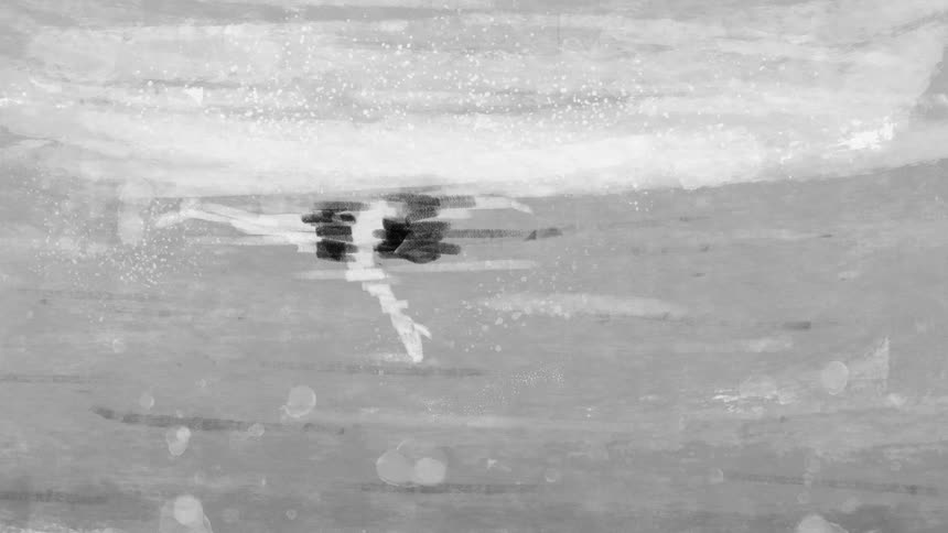An animation of a lake with trees in the distance