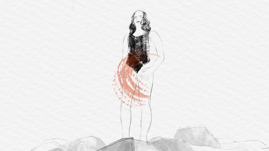 A cartoon clip of a lady climbing a rock