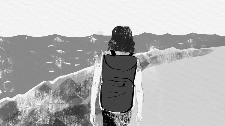 An illustrated woman walks around a town and meets another woman