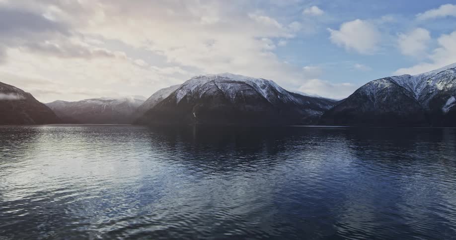 A calm lake reflecting the sky and surrounding snowcapped mountains