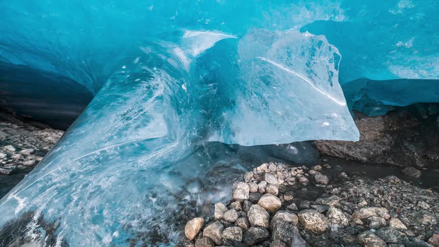 Motion shot of glacier ice in a cave