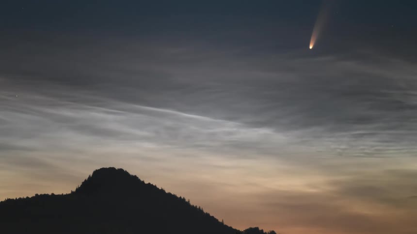 Comet Neowise rising with faint Noctilucent Clouds (NLC's) appearing