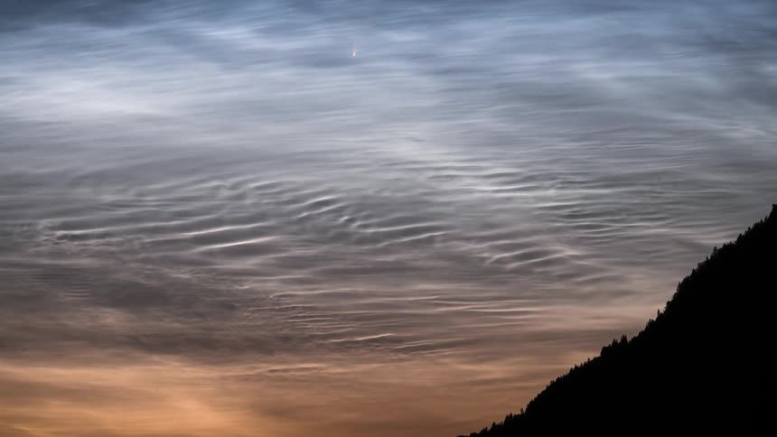Mountainside with strong Noctilucent Clouds (NLC's) and faint comet Neowise
