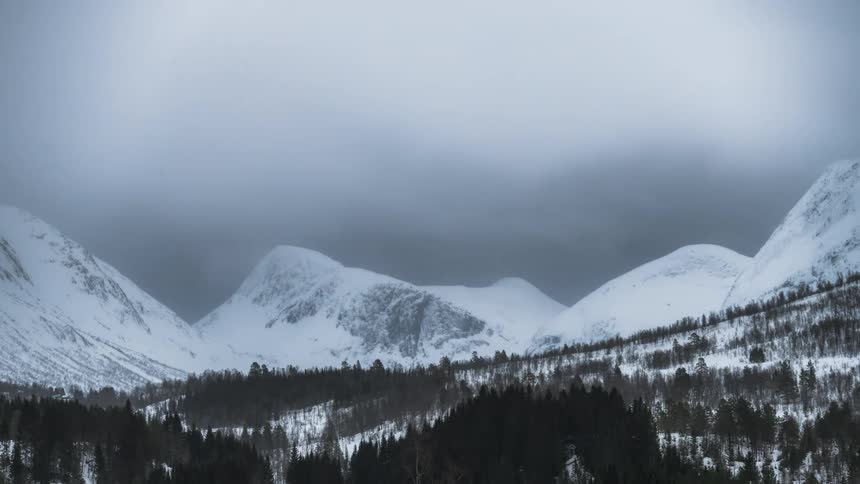 Snowy mountain peaks and a mountain valley covered by tree patches on a foggy day