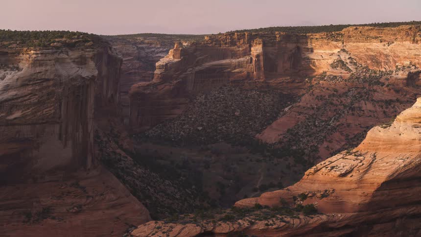 A canyon with intricate rock formations and sparse vegetation at dawn or dusk