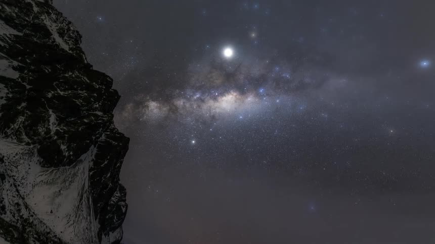 A tracking shot of the milkyway in snowy mountains