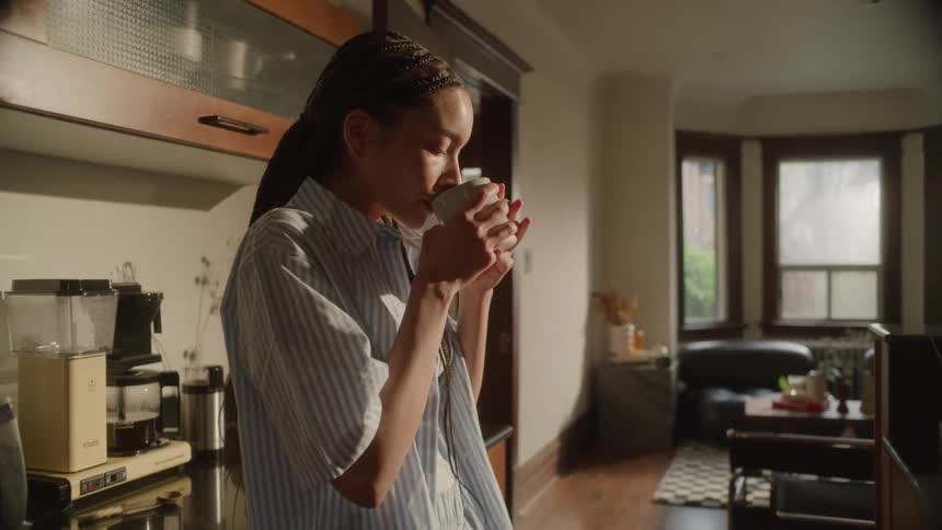 Steadicam Dolly In on a woman wearing pajamas in the kitchen drinking a cup of coffee in the morning sunlight