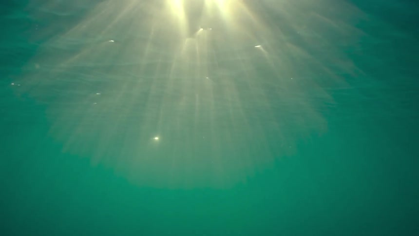 Underwater scene with sun rays shining through the clear water