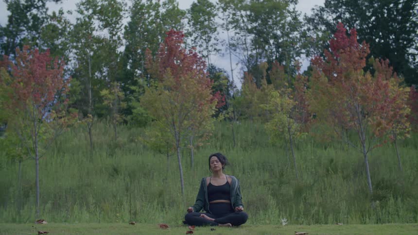 A woman is sitting doing yoga in the middle of nature with several trees behind her