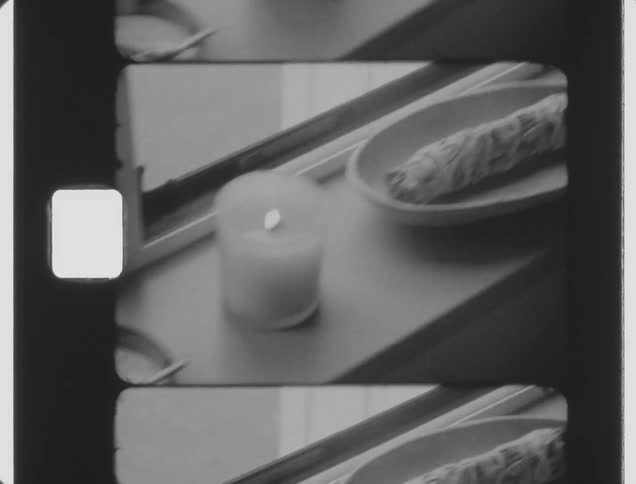 A plant and a candle and ashtray sit on a shelf
