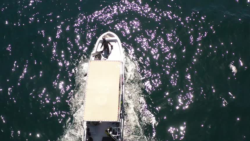 Diver on the front of a small boat moving through the sea
