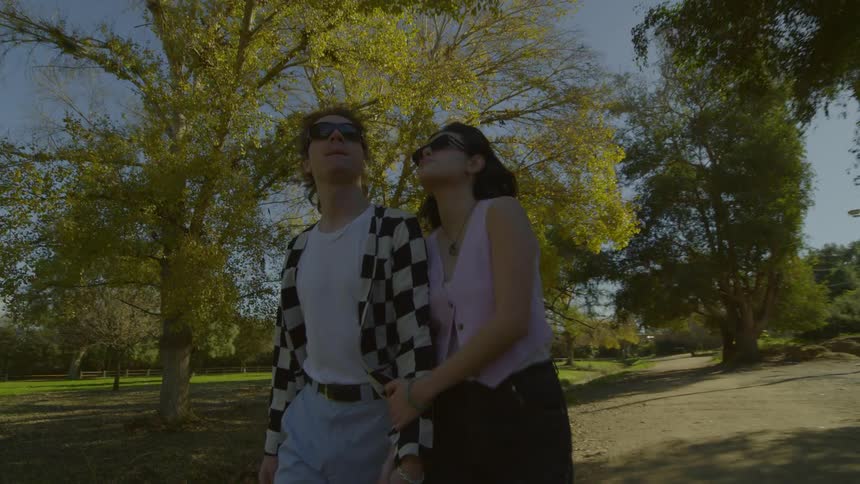 Couple walking hand in hand in a forest
