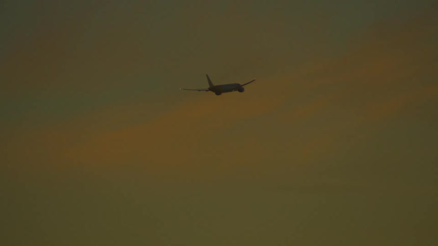 A plane flies over people on the beach
