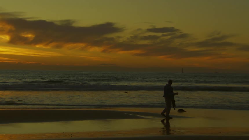 A clip of a man walking along the beach