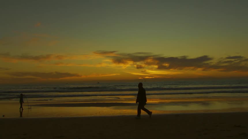 A person walking along the seashore during dusk