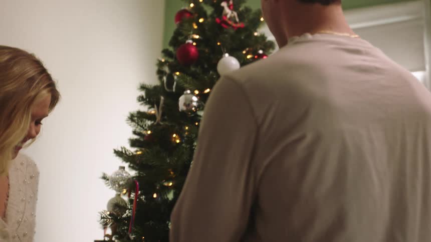 Two people are decorating a christmas tree together