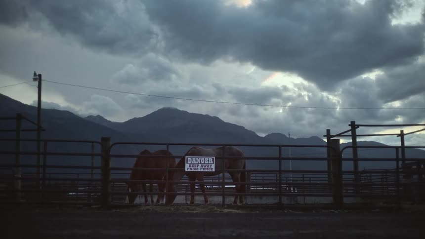 Two horses stand inside fenced enclosure outdoors mountains and clouds on horizon