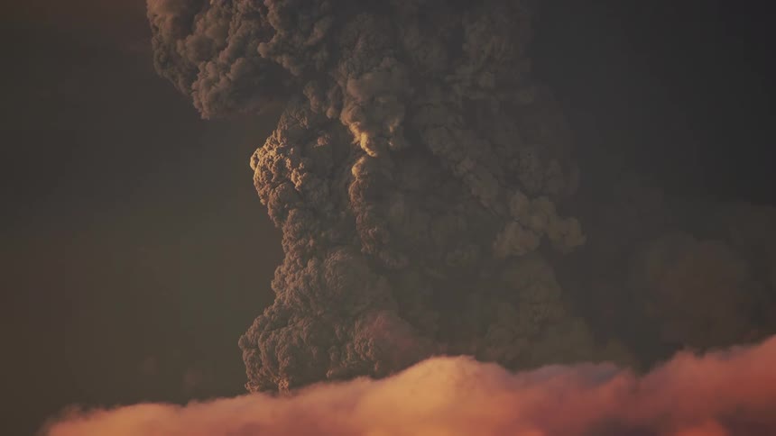 Landscape in a sunrise with purple sky with clouds erupting smoke and mountain ranges by the sea