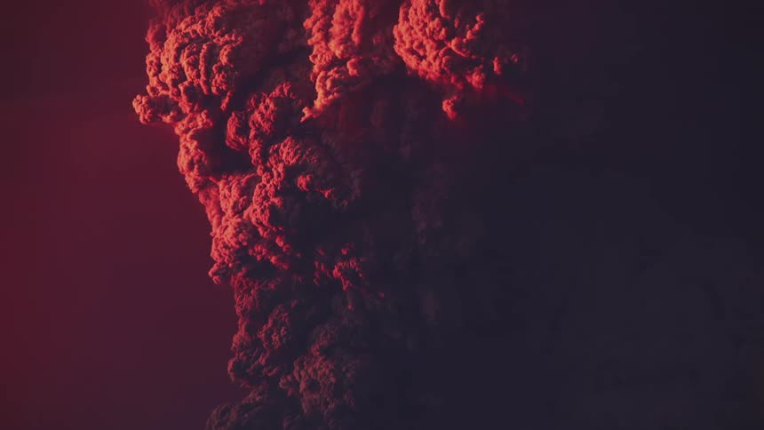 Panorama of a smoke rising from eruption in a purple sky