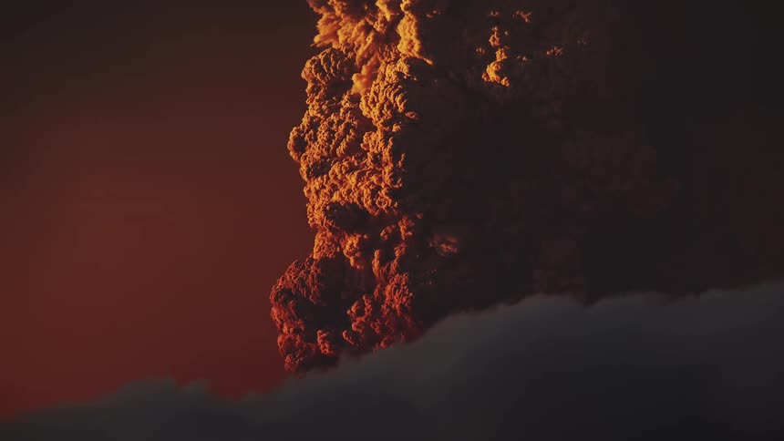A massive volcanic eruption creates huge roiling clouds